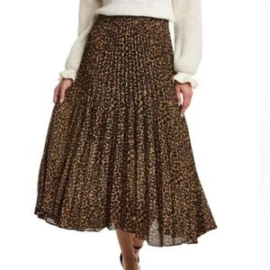 Max Studio Leopard Print Pleated A-Line Maxi Skirt Brown Black Lined, Large (L)